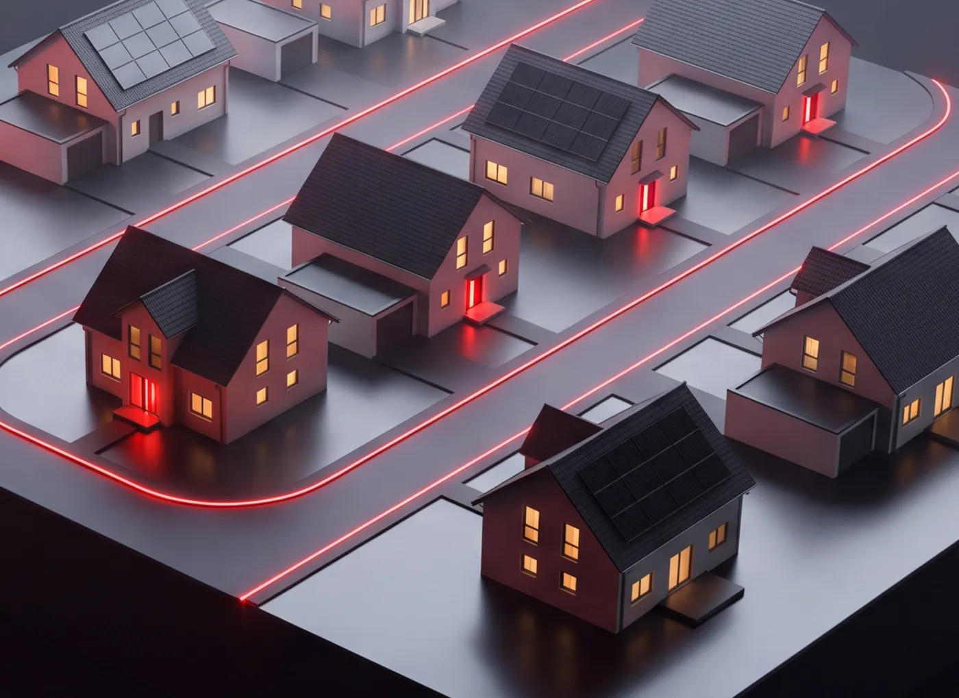 Detail des 3D-Modells: rot leuchtende Haustüren in einer Straße