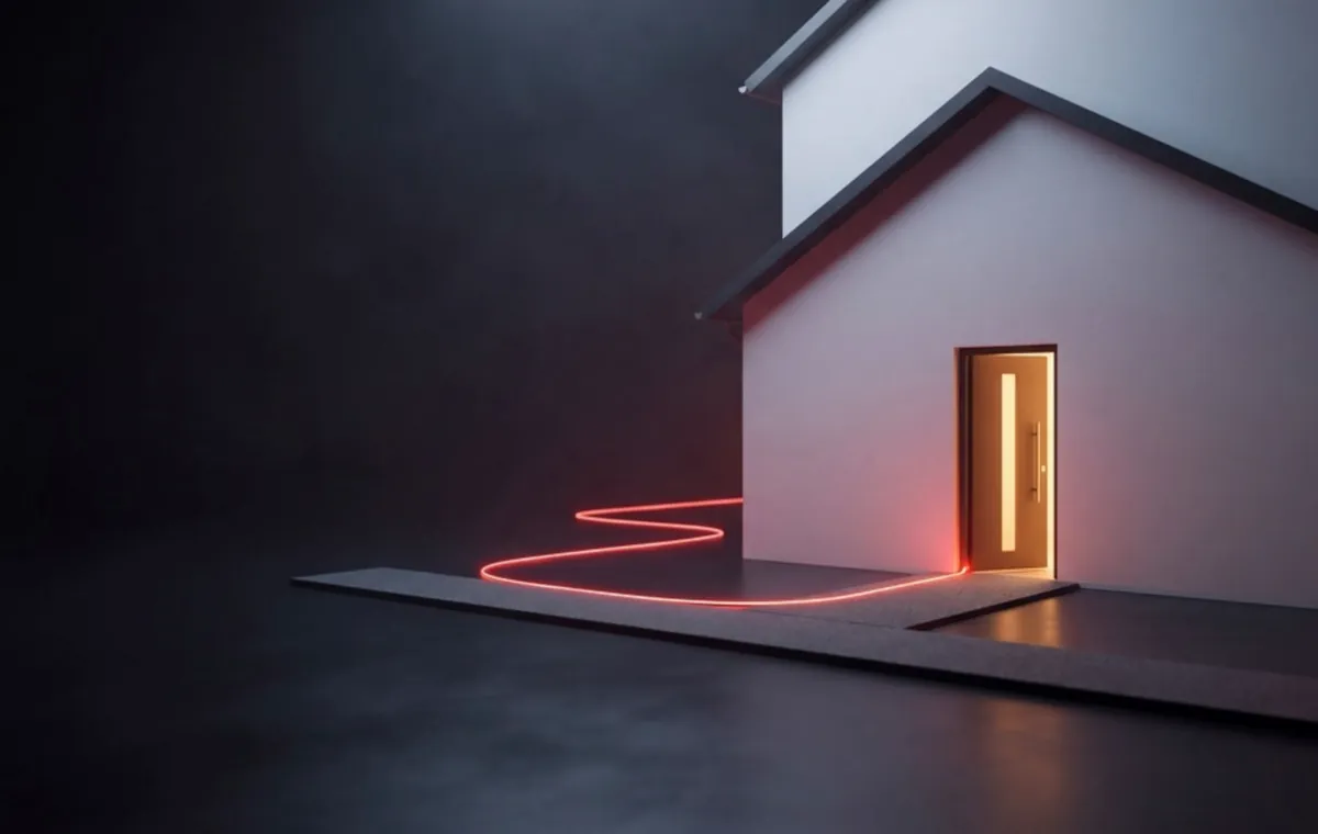3D-Modell eines Hauses, eine rote Lichtspur endet an der offenen Haustür