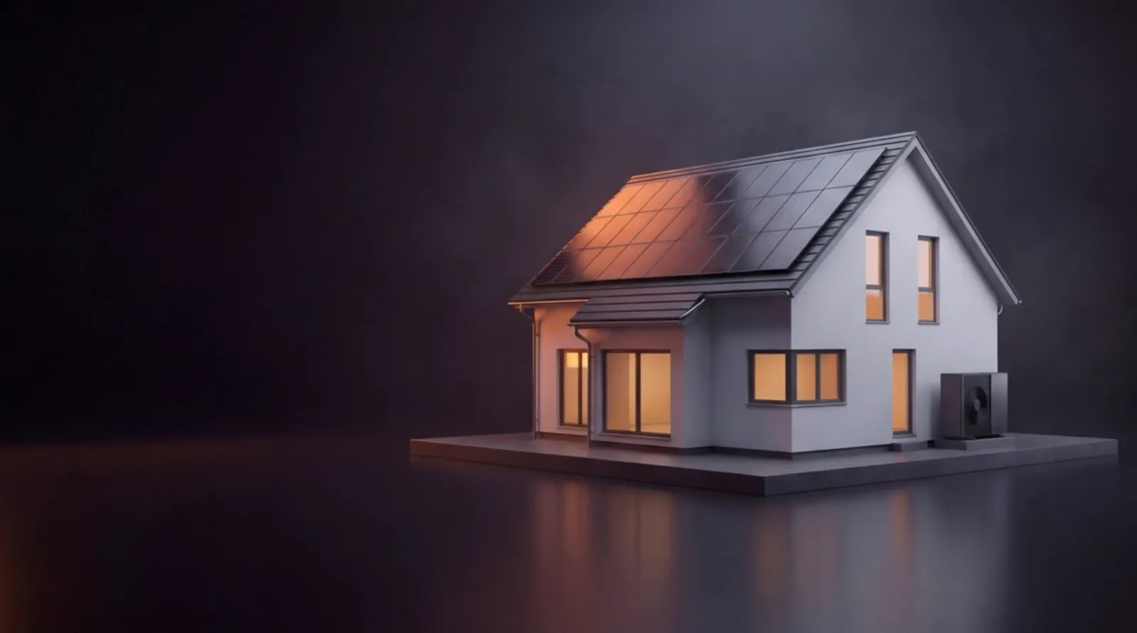 3D-Modell eines Einfamilienhauses mit Photovoltaik-Dach und Wärmepumpe